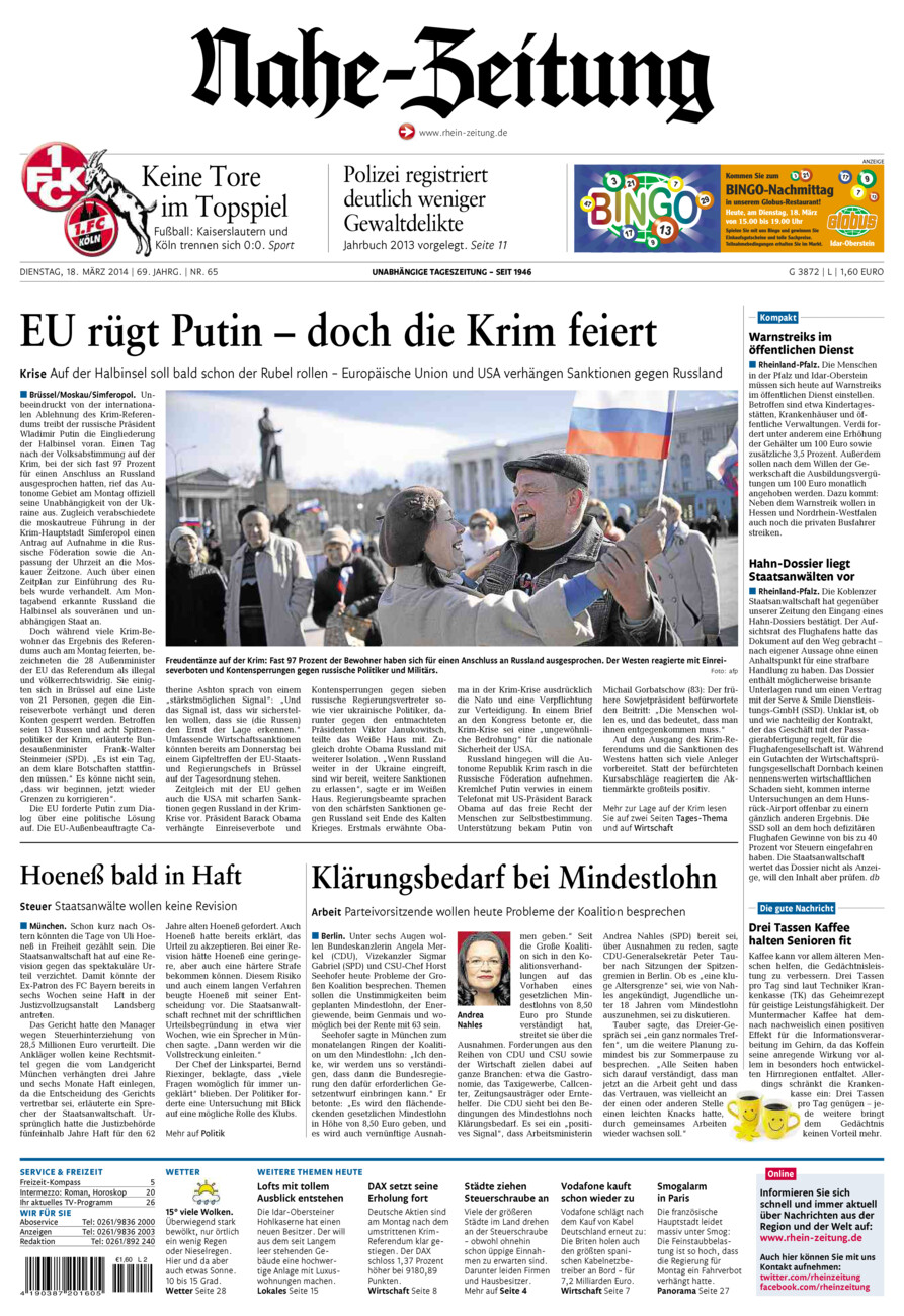 Nahe-Zeitung vom Dienstag, 18.03.2014