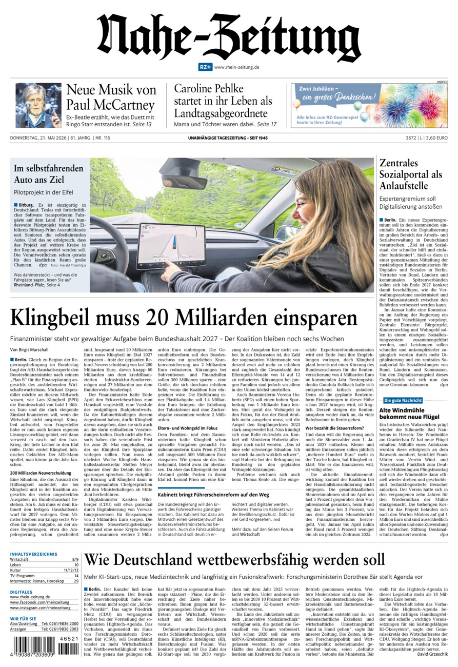 Nahe-Zeitung vom Donnerstag, 21.05.2026