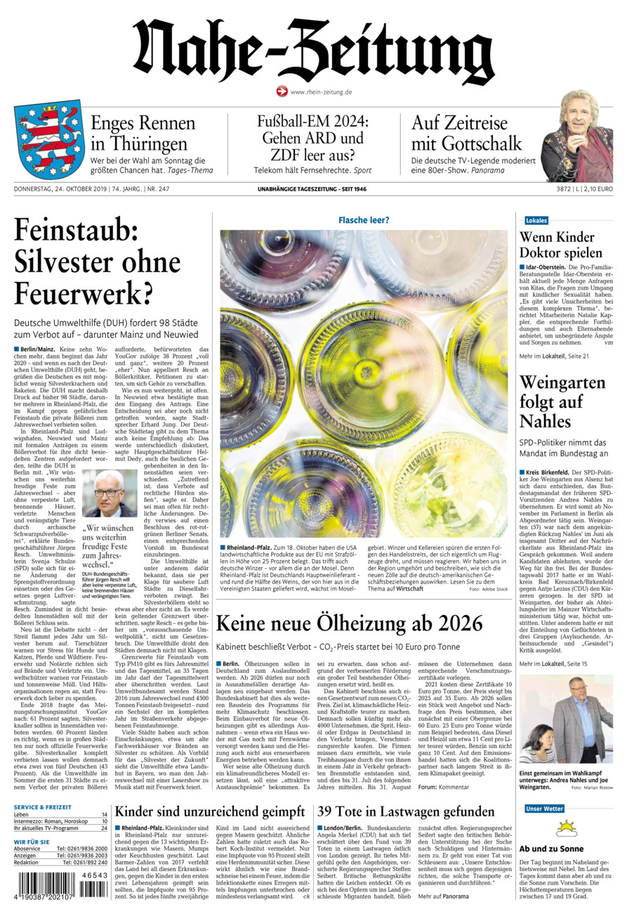 Nahe-Zeitung vom Donnerstag, 24.10.2019