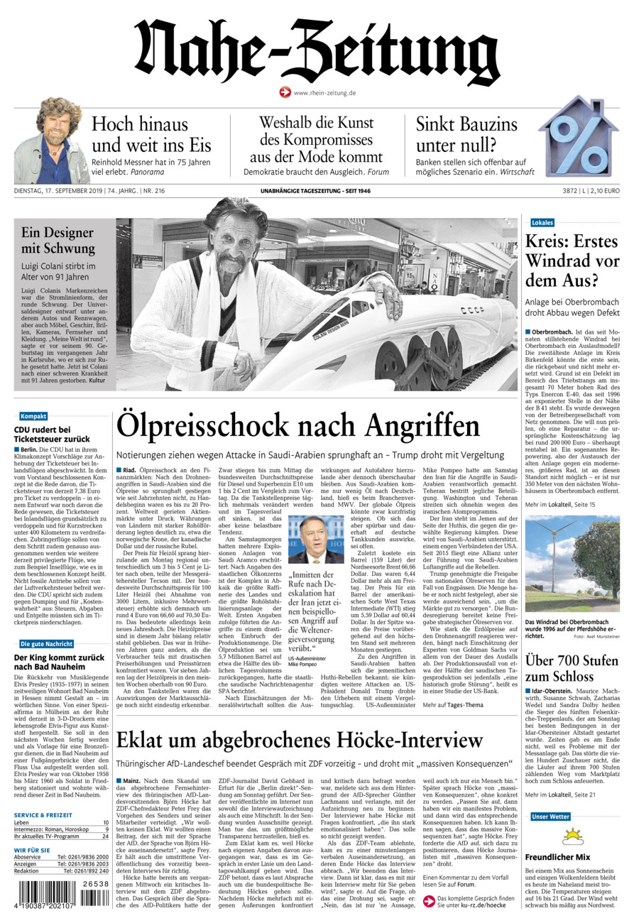 Nahe-Zeitung vom Dienstag, 17.09.2019