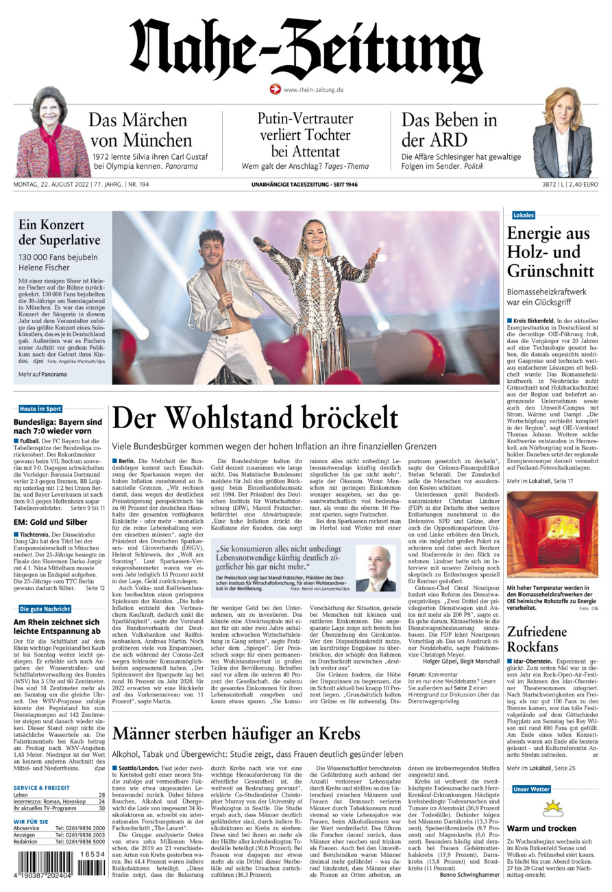 Nahe-Zeitung vom Montag, 22.08.2022