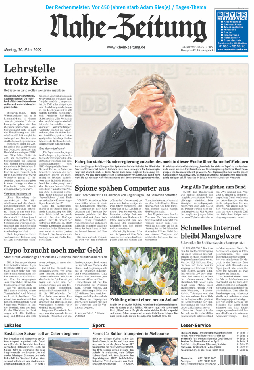 Nahe-Zeitung vom Montag, 30.03.2009