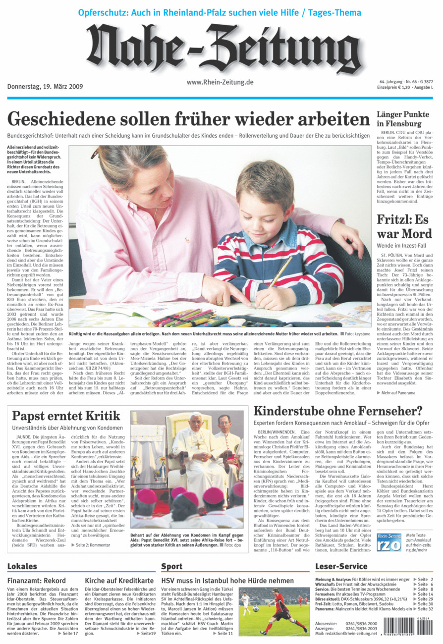 Nahe-Zeitung vom Donnerstag, 19.03.2009