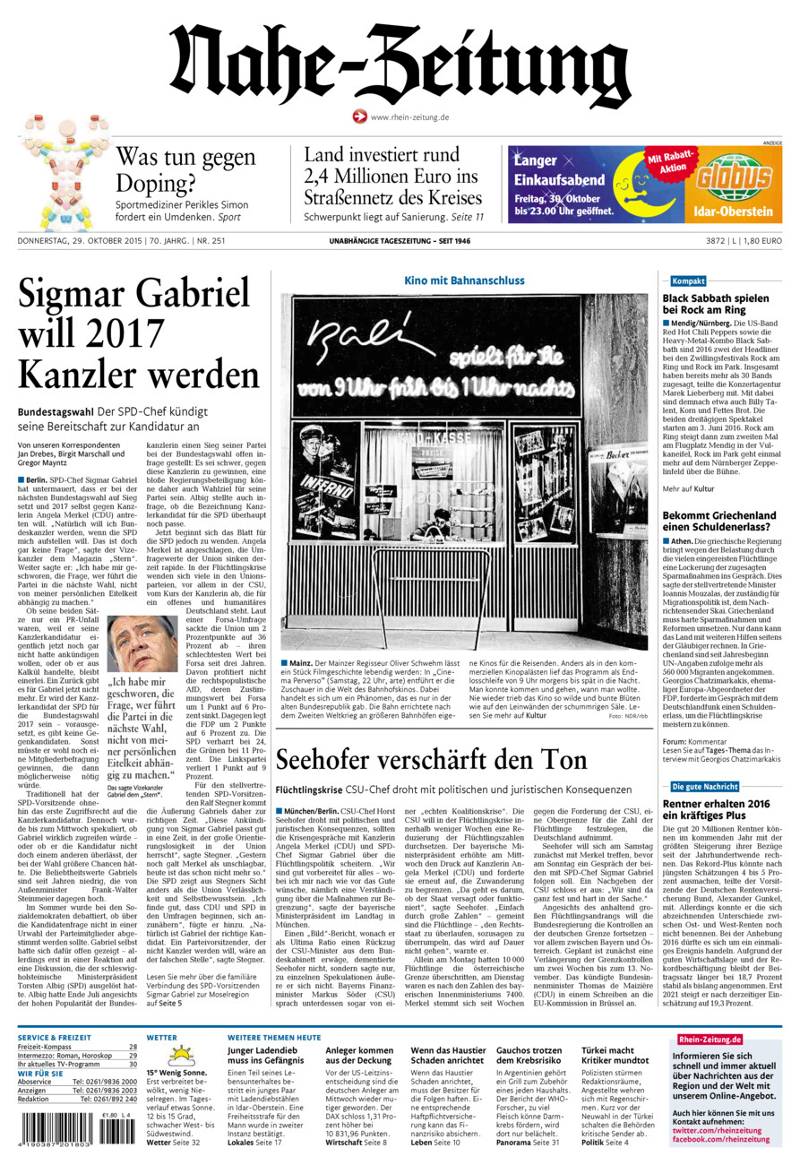 Nahe-Zeitung vom Donnerstag, 29.10.2015