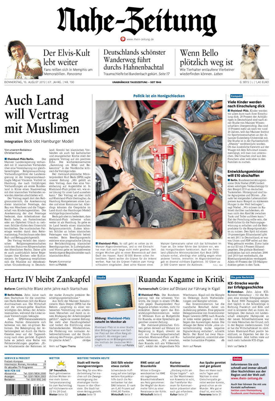 Nahe-Zeitung vom Donnerstag, 16.08.2012