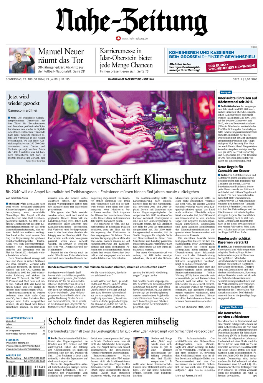 Nahe-Zeitung vom Donnerstag, 22.08.2024