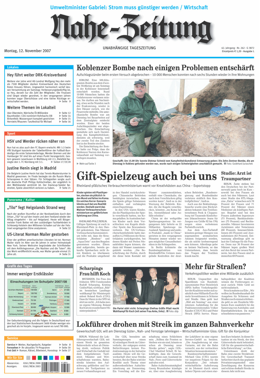 Nahe-Zeitung vom Montag, 12.11.2007