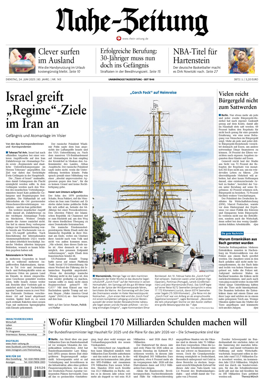 Nahe-Zeitung vom Dienstag, 24.06.2025