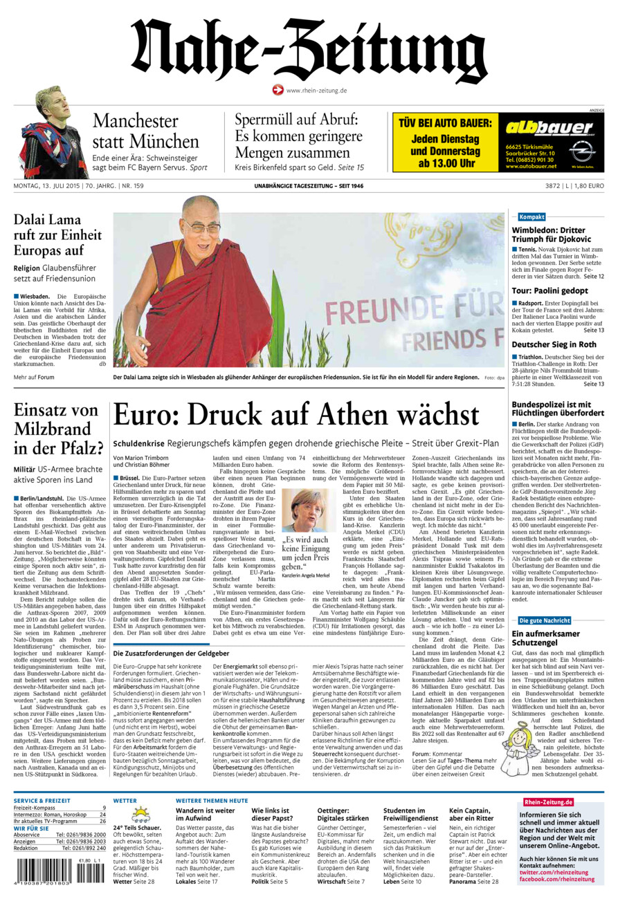 Nahe-Zeitung vom Montag, 13.07.2015