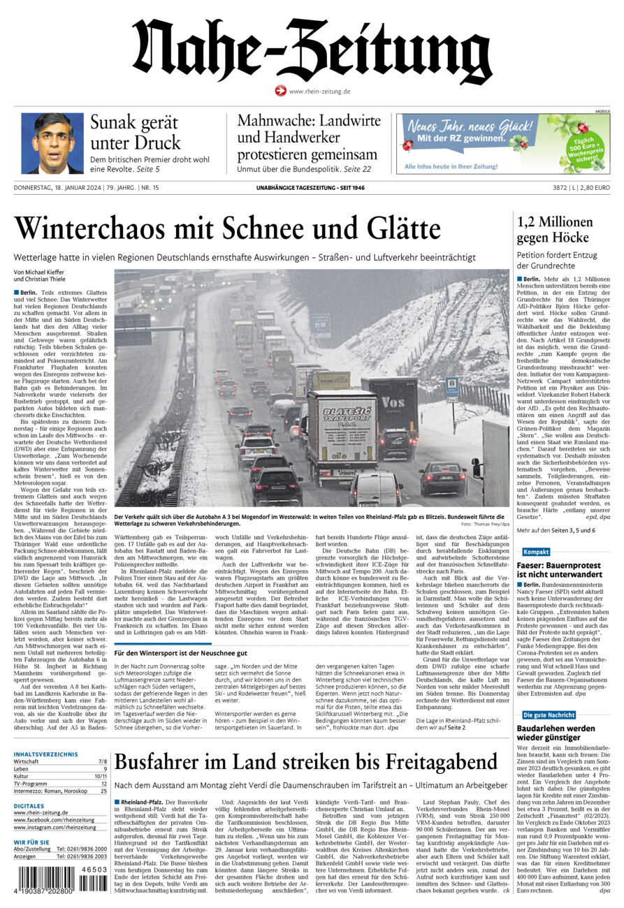 Nahe-Zeitung vom Donnerstag, 18.01.2024