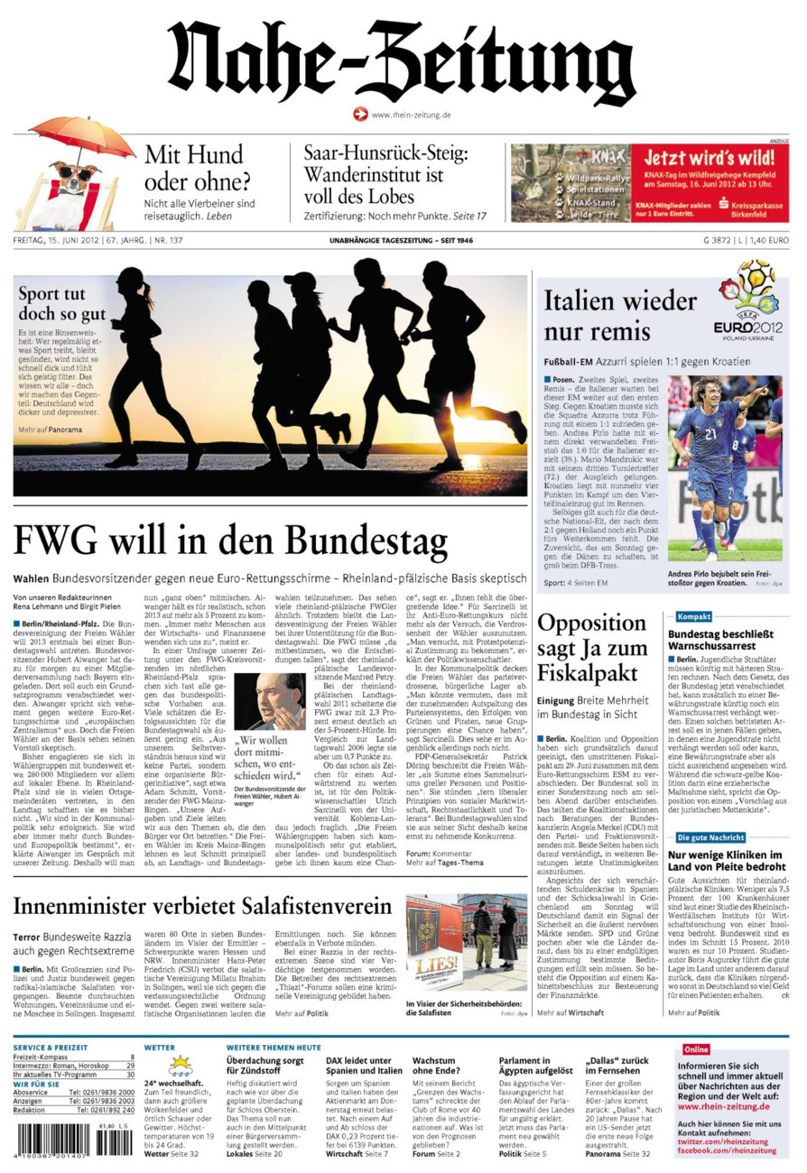 Nahe-Zeitung vom Freitag, 15.06.2012