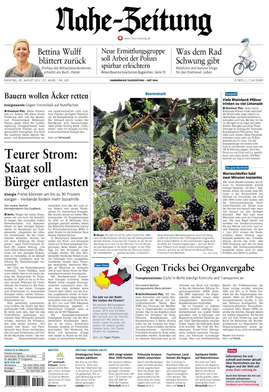Nahe-Zeitung vom Dienstag, 28.08.2012