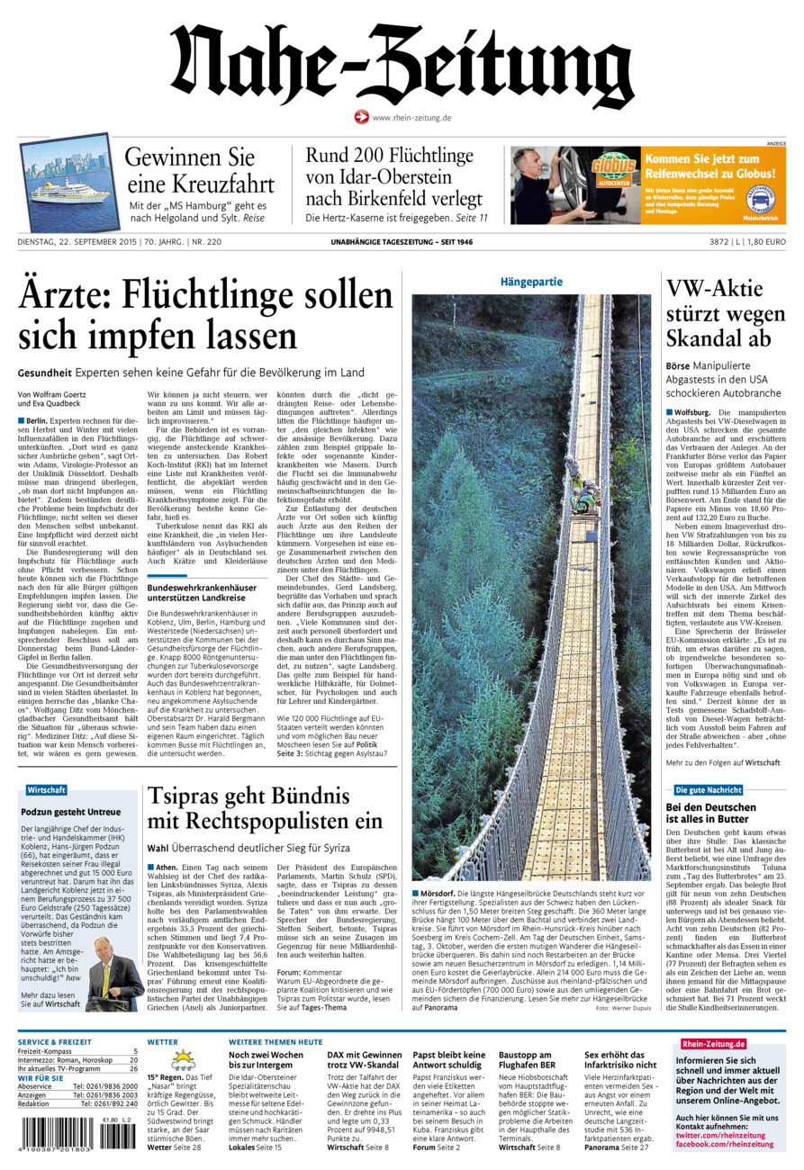 Nahe-Zeitung vom Dienstag, 22.09.2015