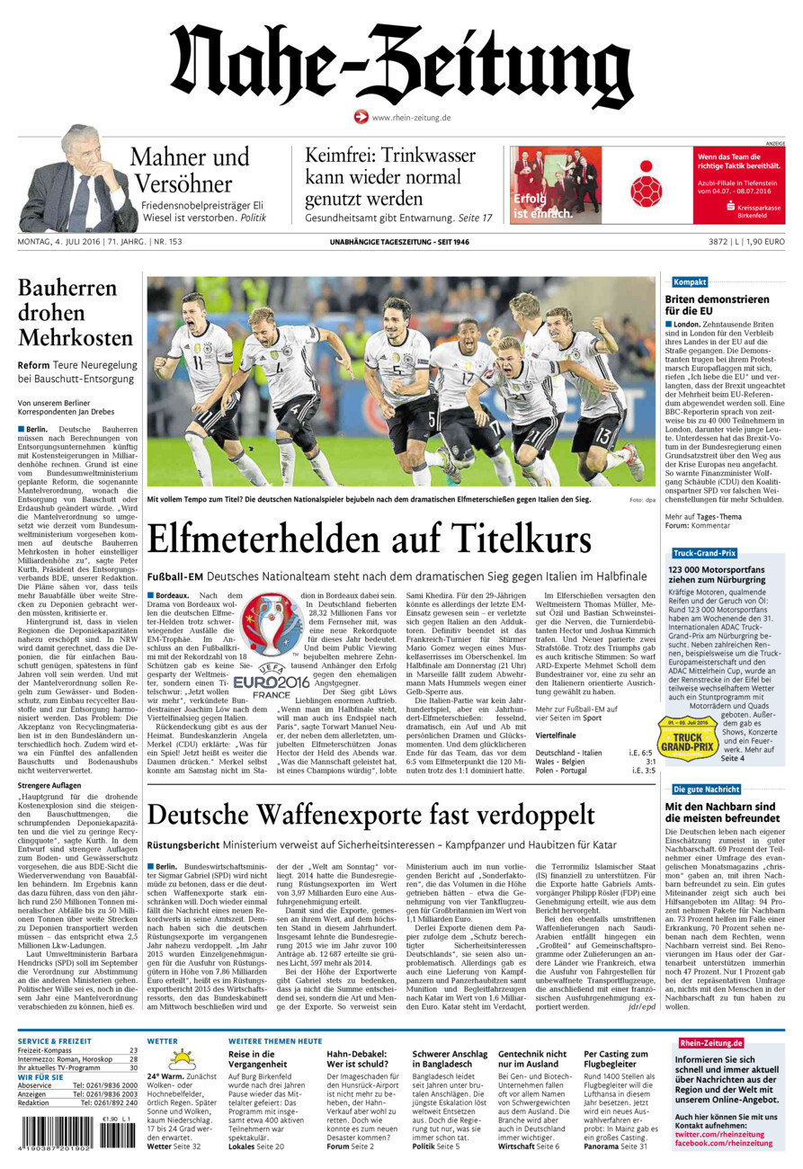 Nahe-Zeitung vom Montag, 04.07.2016