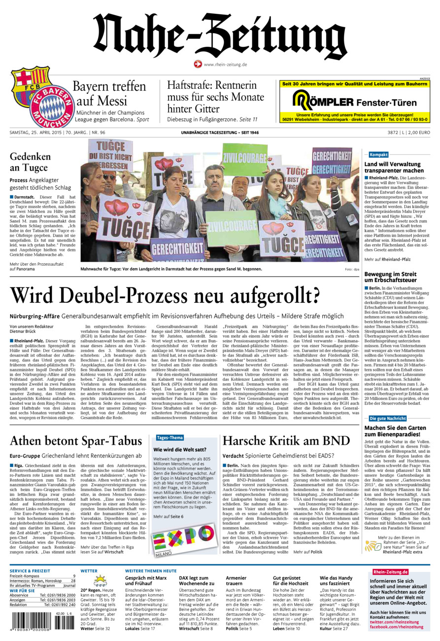 Nahe-Zeitung vom Samstag, 25.04.2015