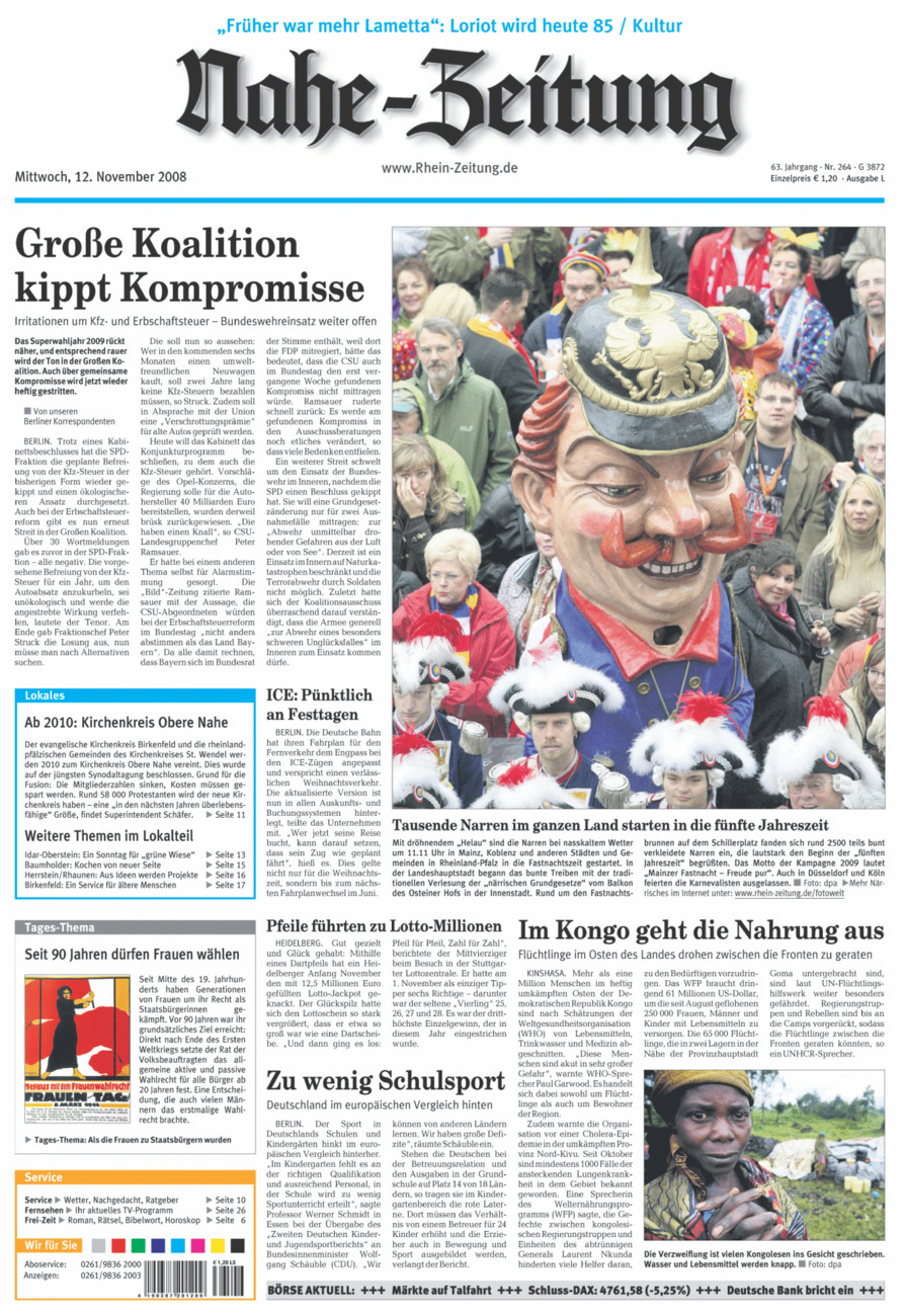 Nahe-Zeitung vom Mittwoch, 12.11.2008