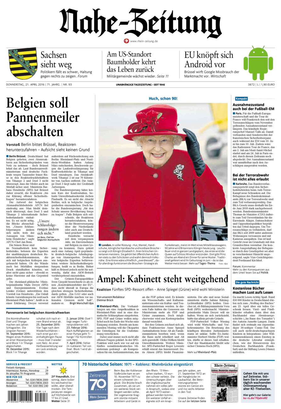 Nahe-Zeitung vom Donnerstag, 21.04.2016