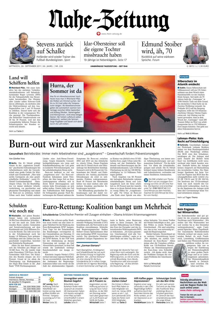 Nahe-Zeitung vom Mittwoch, 28.09.2011