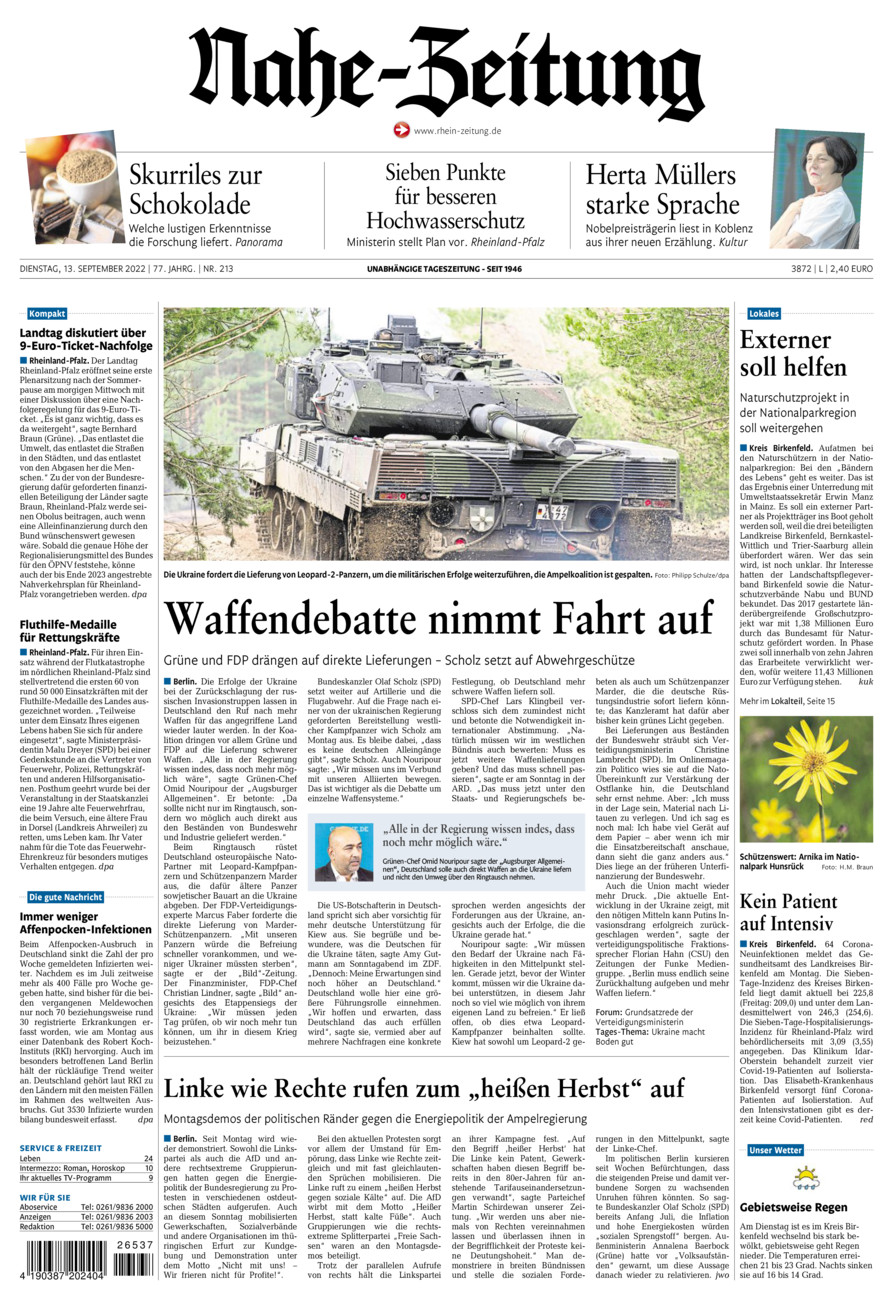 Nahe-Zeitung vom Dienstag, 13.09.2022