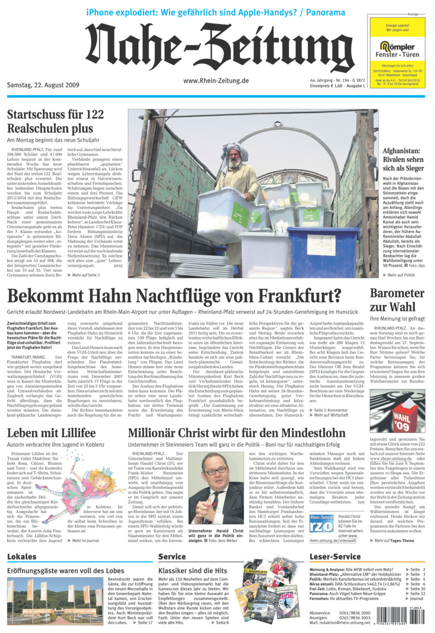Nahe-Zeitung vom Samstag, 22.08.2009