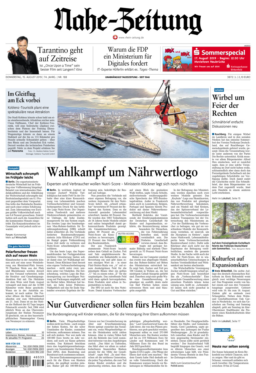 Nahe-Zeitung vom Donnerstag, 15.08.2019