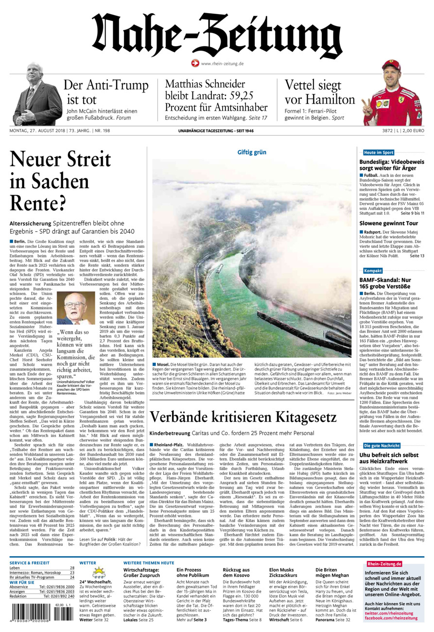 Nahe-Zeitung vom Montag, 27.08.2018