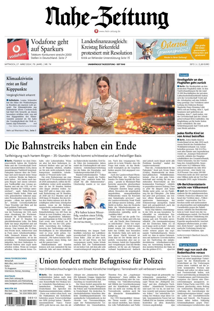 Nahe-Zeitung vom Mittwoch, 27.03.2024