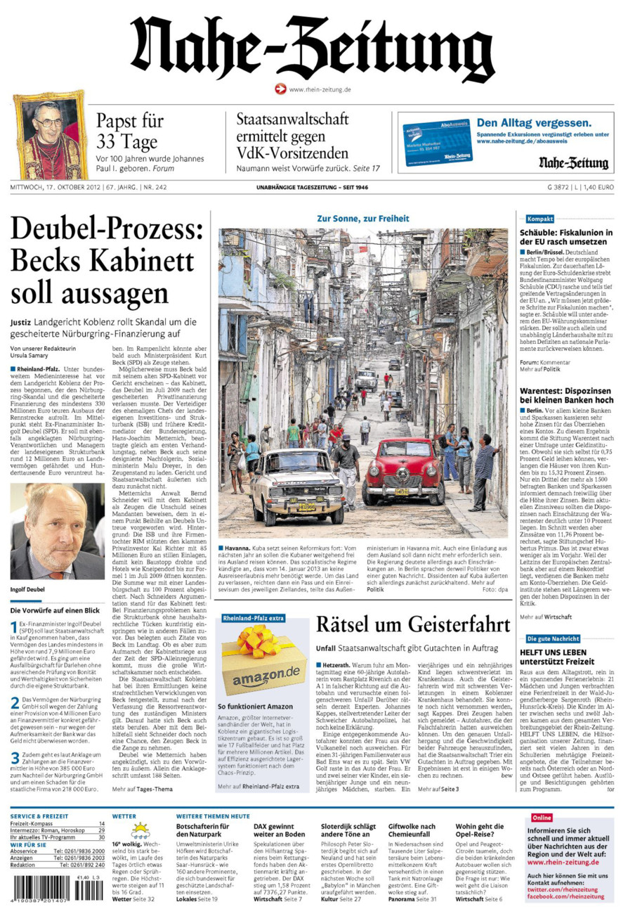 Nahe-Zeitung vom Mittwoch, 17.10.2012