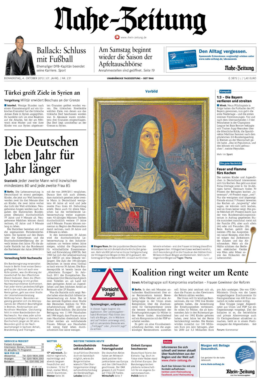 Nahe-Zeitung vom Donnerstag, 04.10.2012