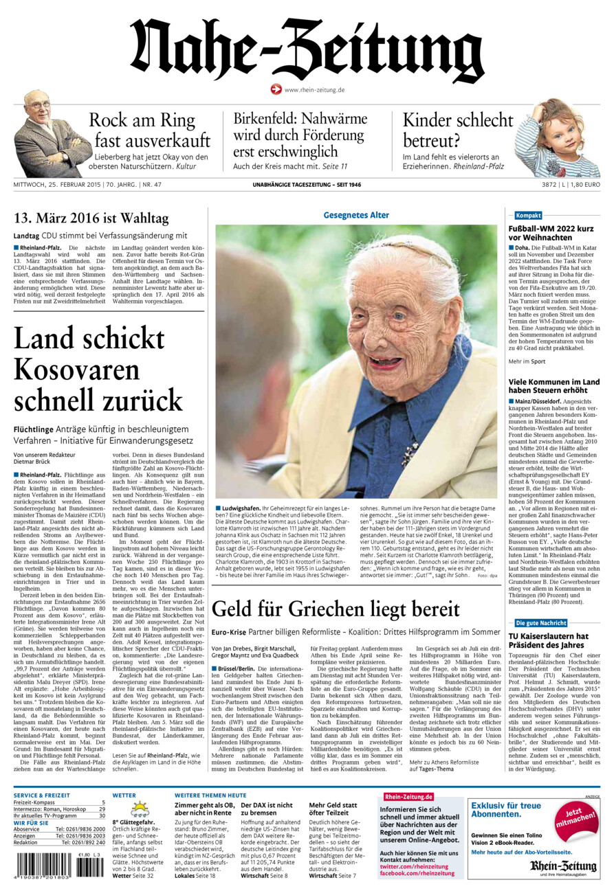 Nahe-Zeitung vom Mittwoch, 25.02.2015