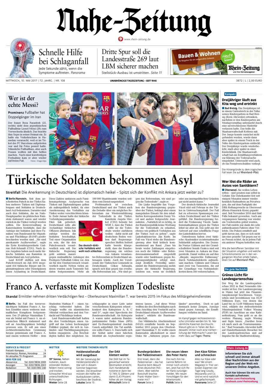 Nahe-Zeitung vom Mittwoch, 10.05.2017