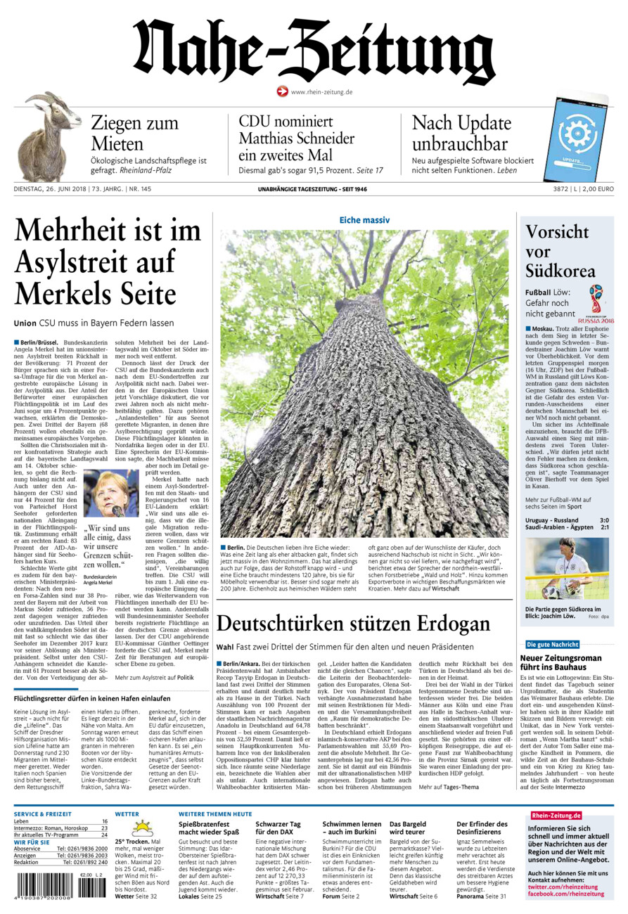 Nahe-Zeitung vom Dienstag, 26.06.2018