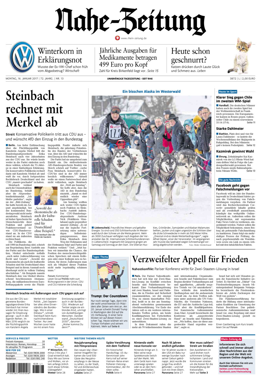 Nahe-Zeitung vom Montag, 16.01.2017
