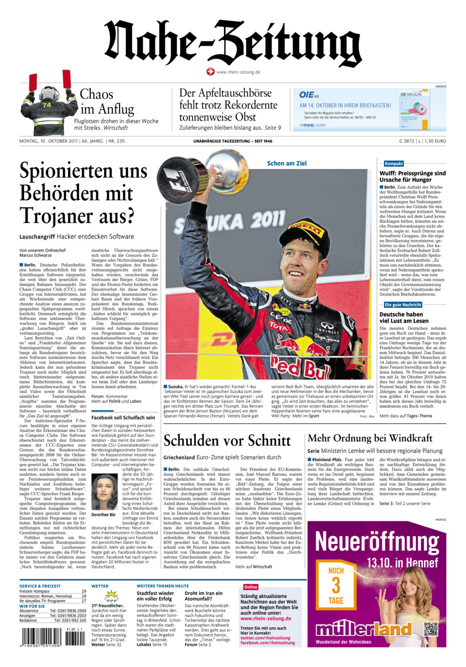 Nahe-Zeitung vom Montag, 10.10.2011