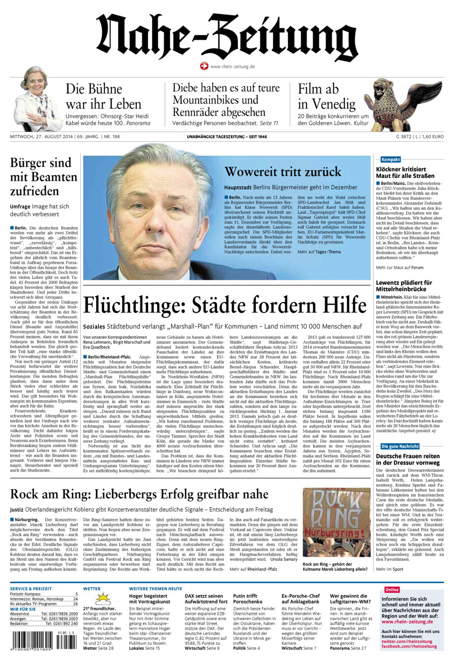 Nahe-Zeitung vom Mittwoch, 27.08.2014