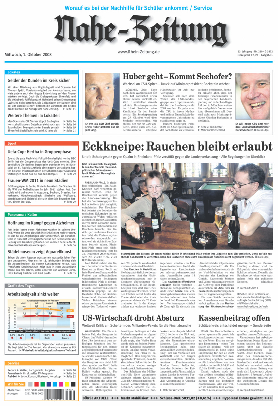 Nahe-Zeitung vom Mittwoch, 01.10.2008