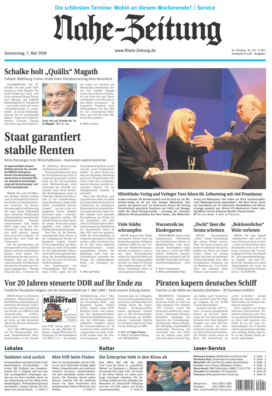 Nahe-Zeitung vom Donnerstag, 07.05.2009