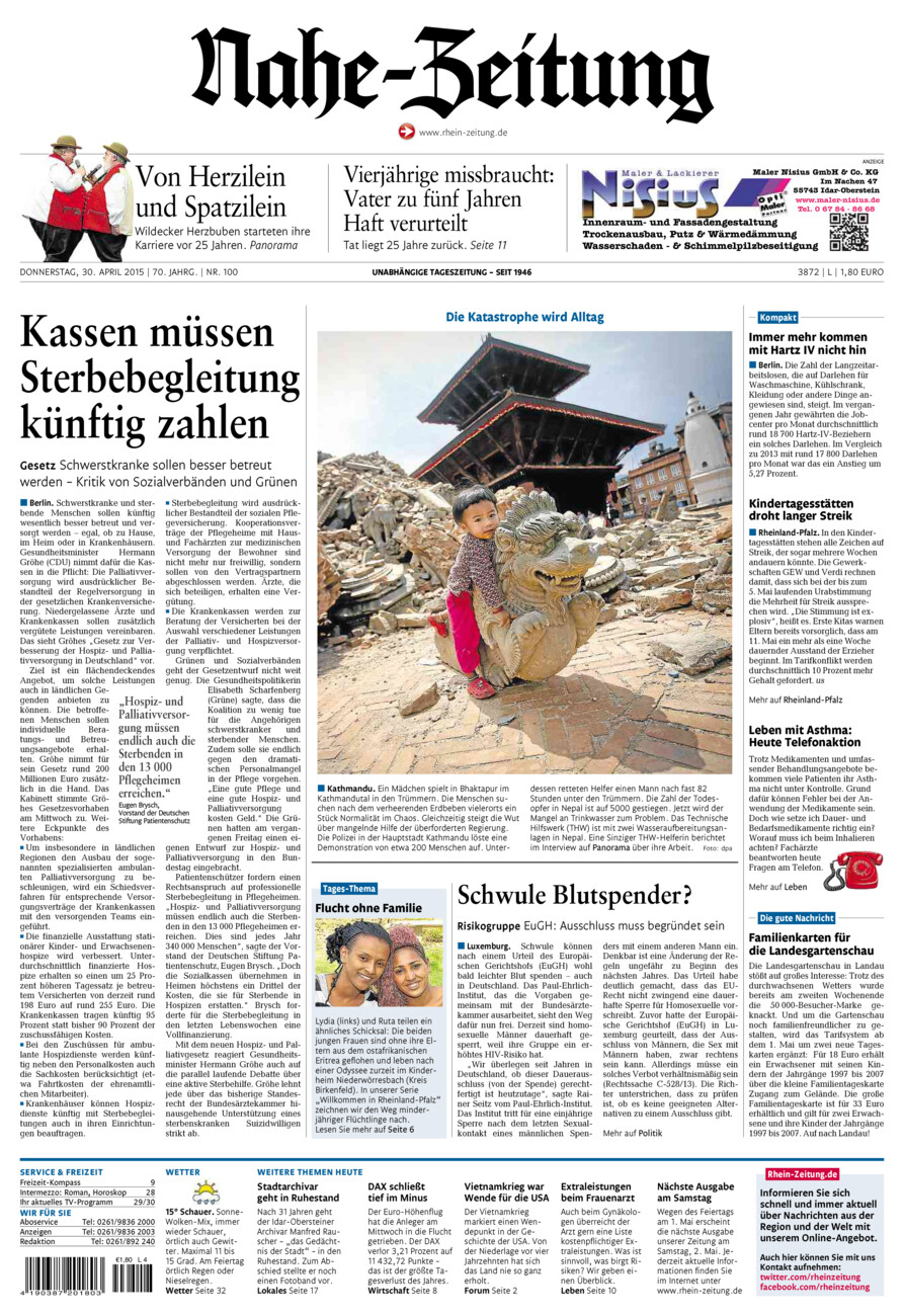 Nahe-Zeitung vom Donnerstag, 30.04.2015