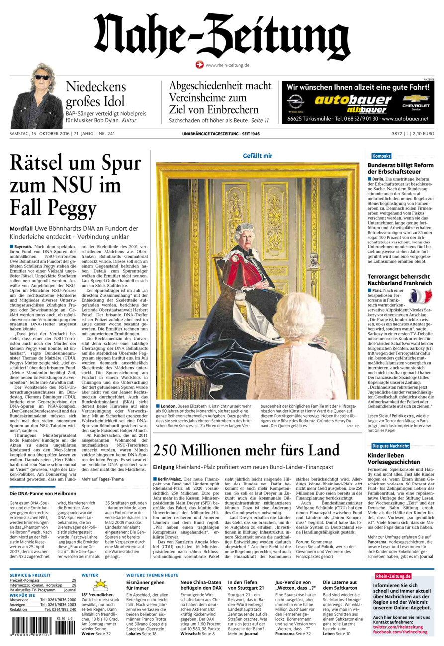 Nahe-Zeitung vom Samstag, 15.10.2016