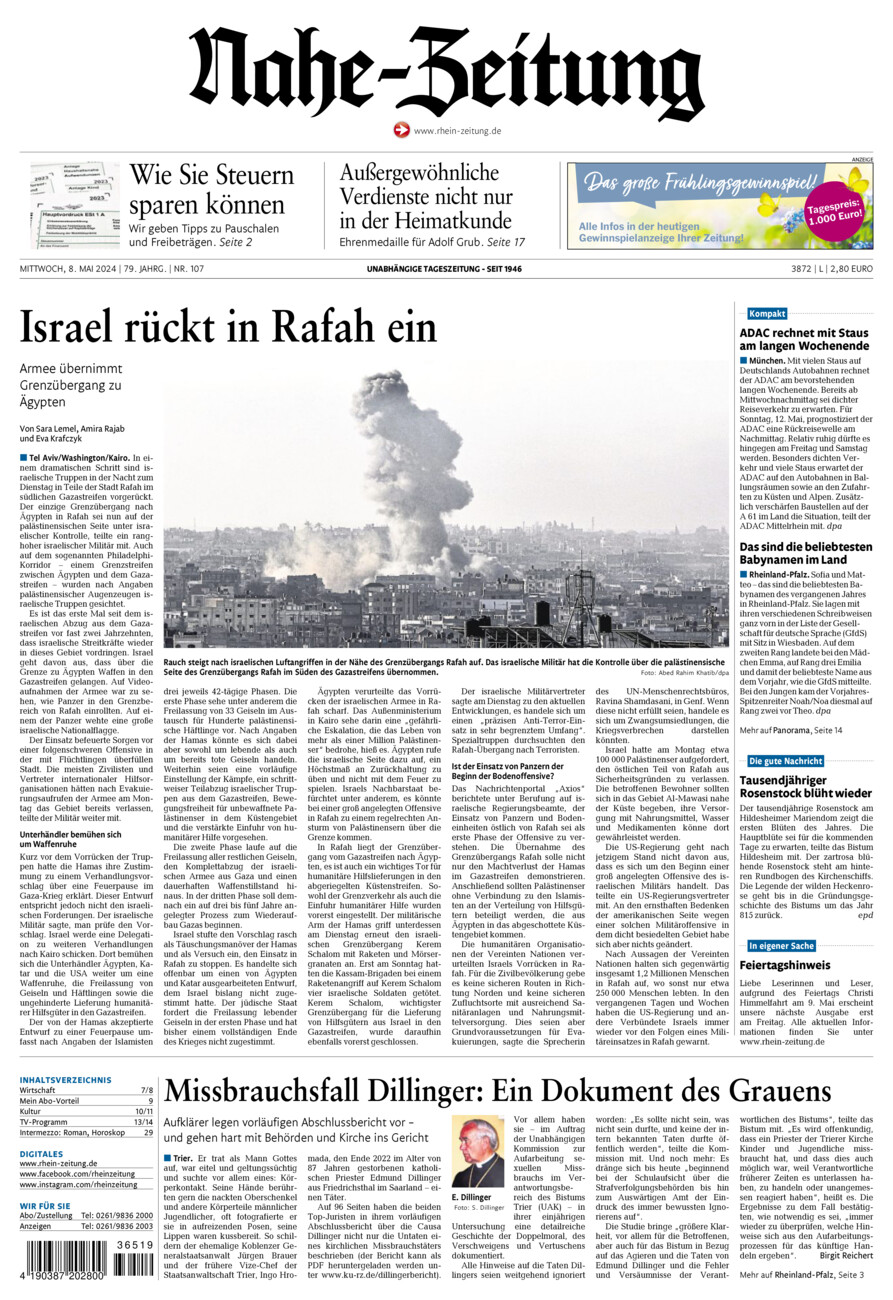Nahe-Zeitung vom Mittwoch, 08.05.2024