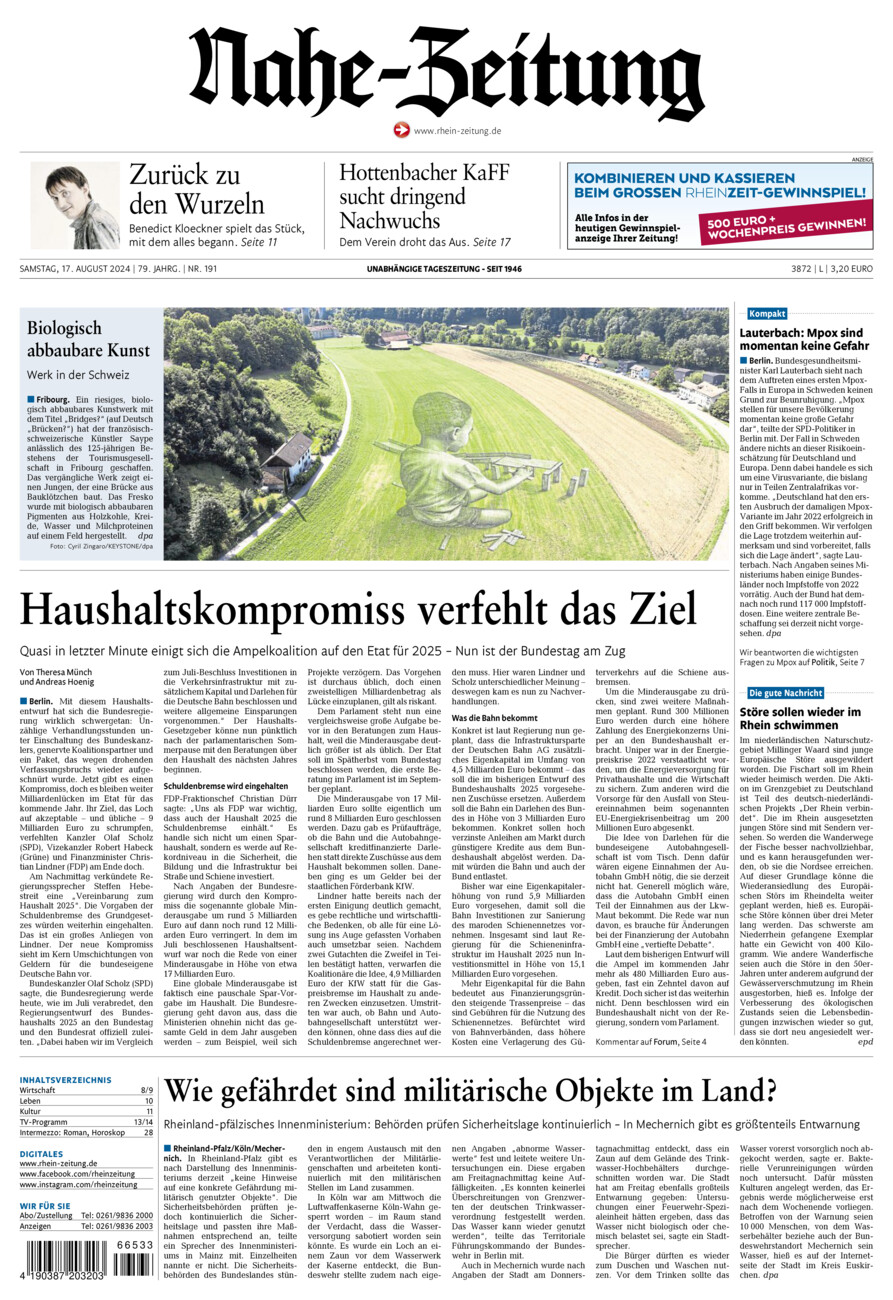 Nahe-Zeitung vom Samstag, 17.08.2024