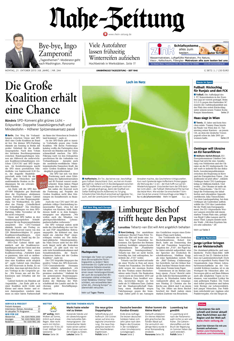 Nahe-Zeitung vom Montag, 21.10.2013
