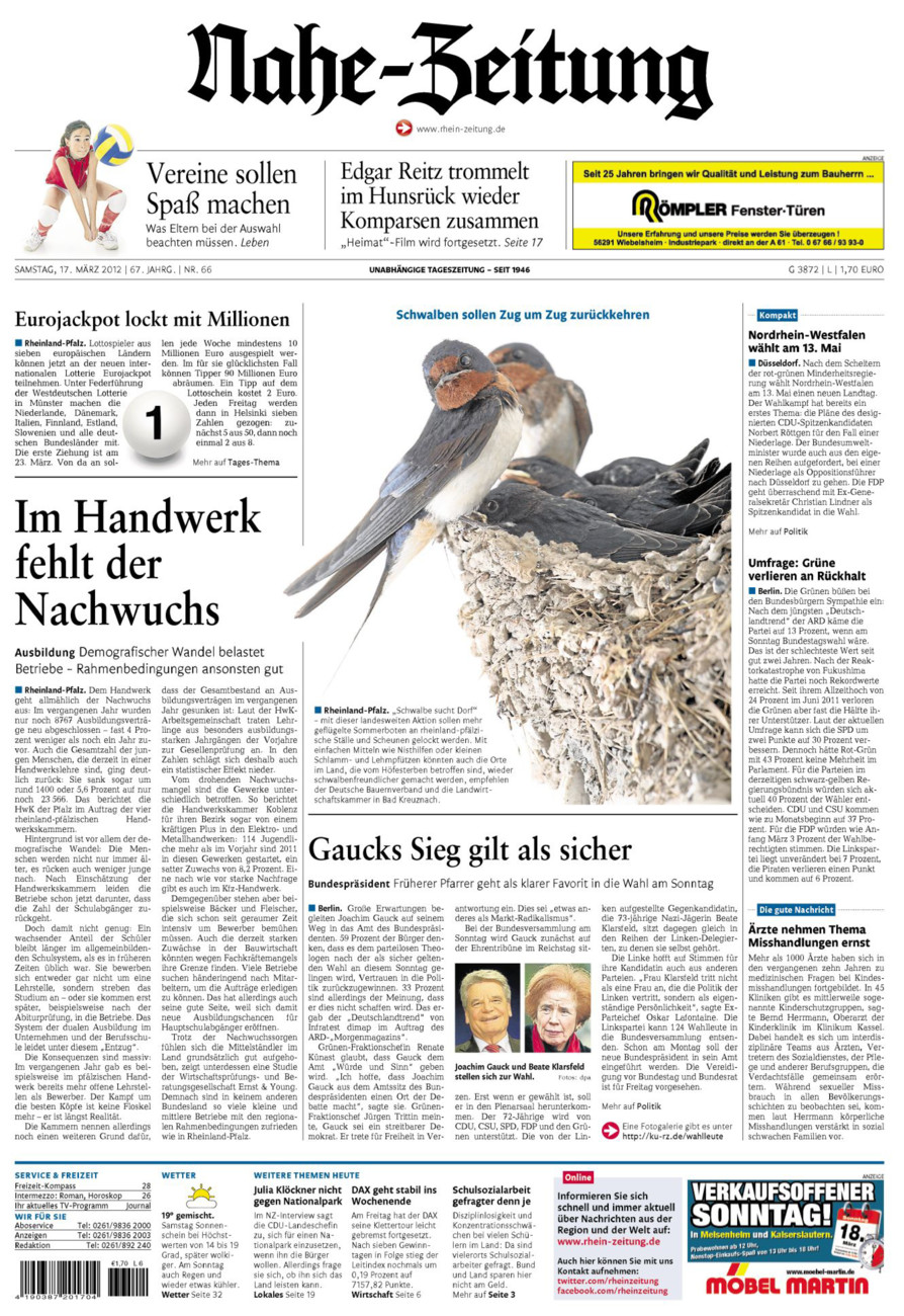 Nahe-Zeitung vom Samstag, 17.03.2012