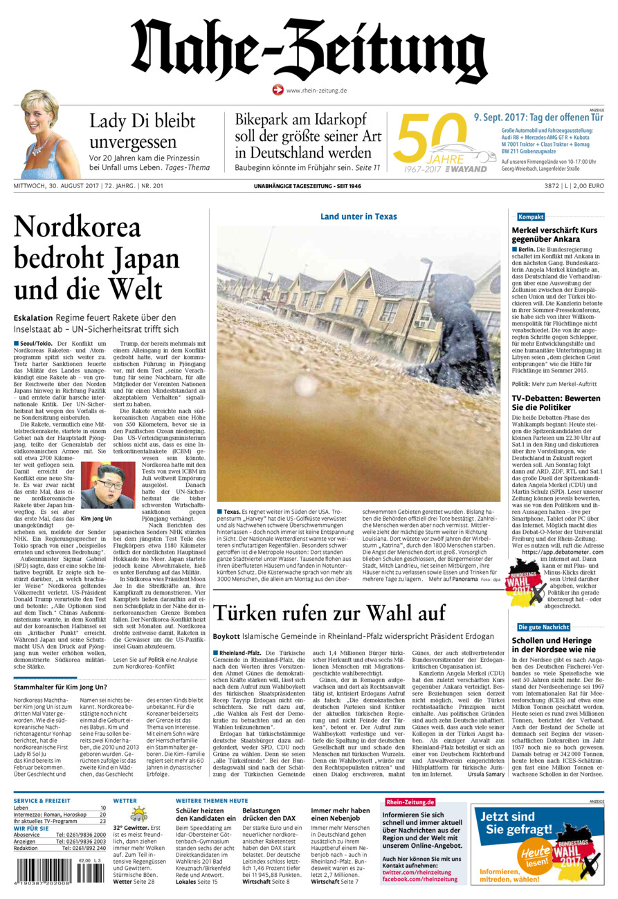 Nahe-Zeitung vom Mittwoch, 30.08.2017