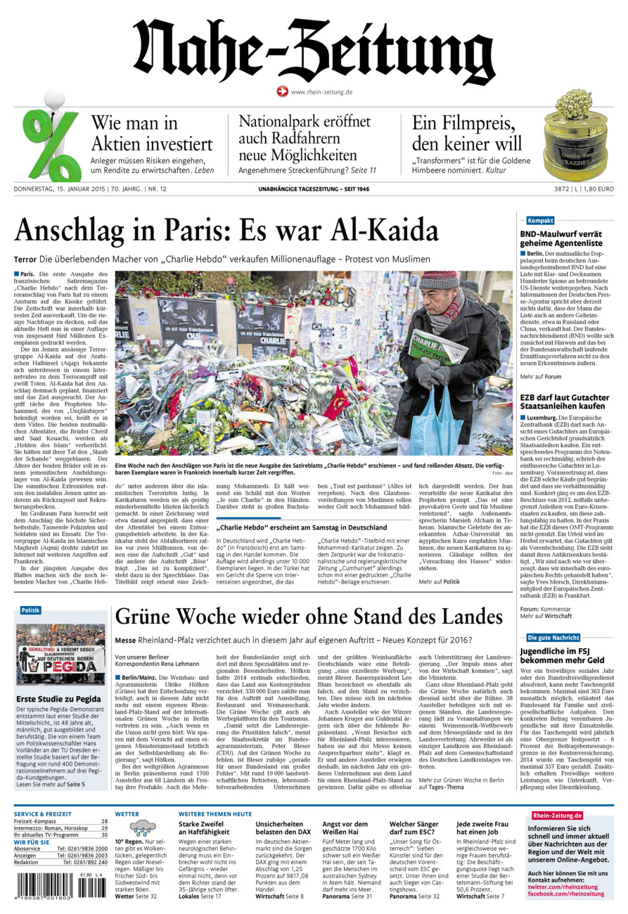 Nahe-Zeitung vom Donnerstag, 15.01.2015