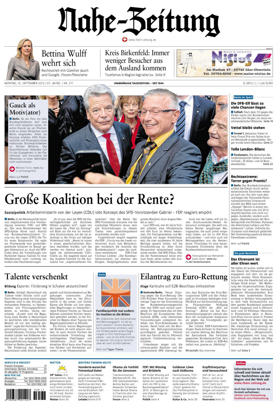 Nahe-Zeitung vom Montag, 10.09.2012