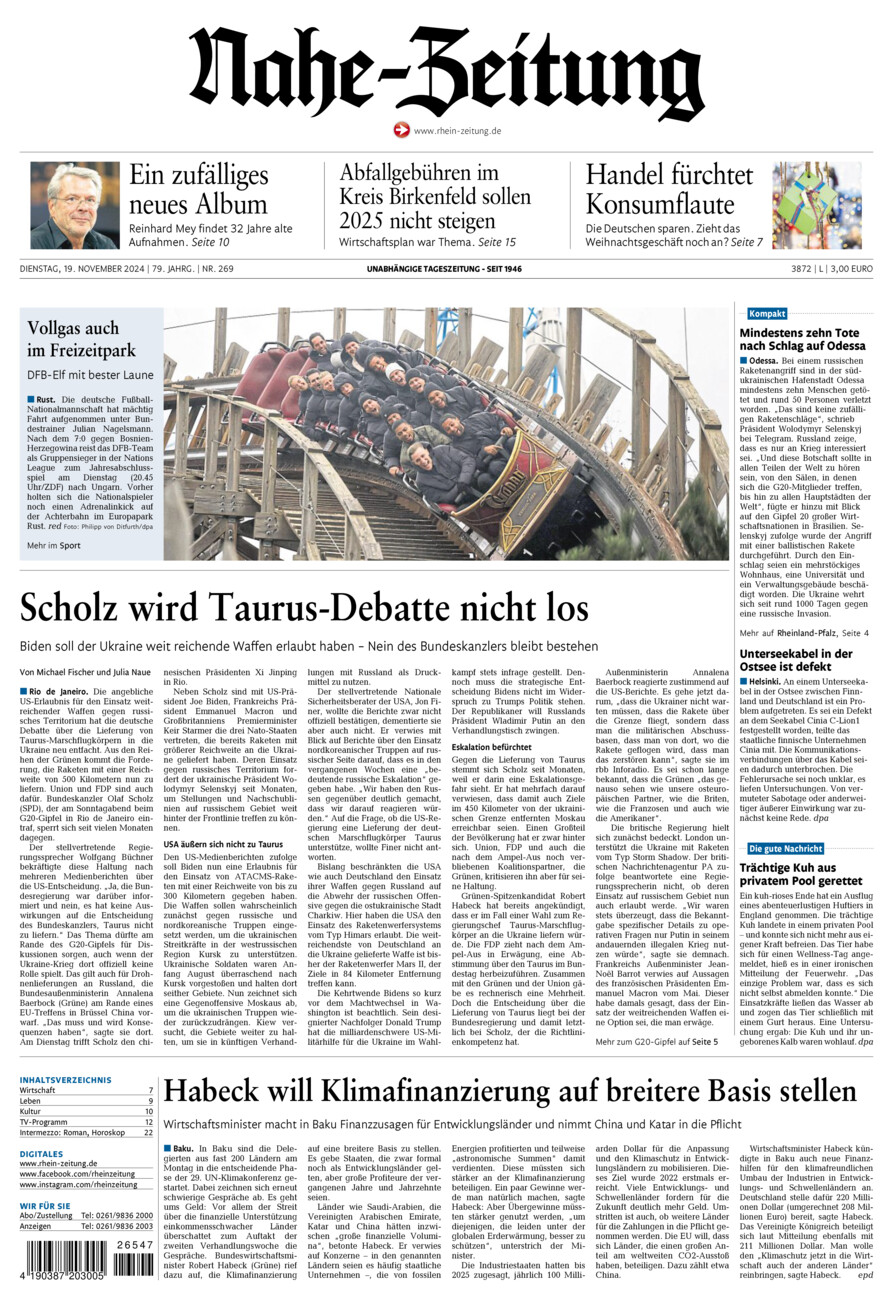 Nahe-Zeitung vom Dienstag, 19.11.2024