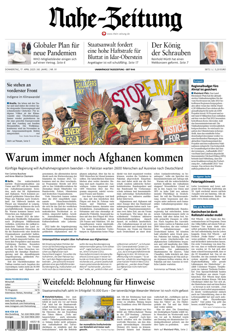 Nahe-Zeitung vom Donnerstag, 17.04.2025