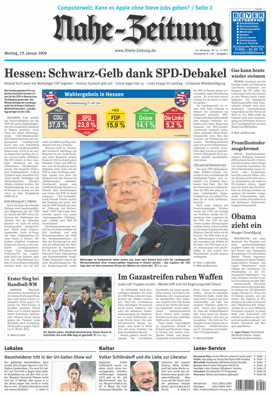 Nahe-Zeitung vom Montag, 19.01.2009