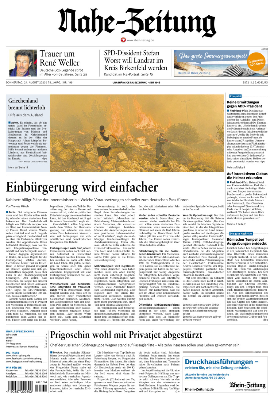 Nahe-Zeitung vom Donnerstag, 24.08.2023